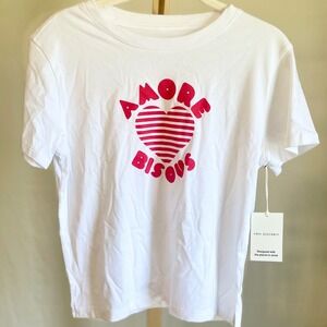 Free Assembly Womens Amore Bisous Heart Graphic T-Shirt White XS NEW